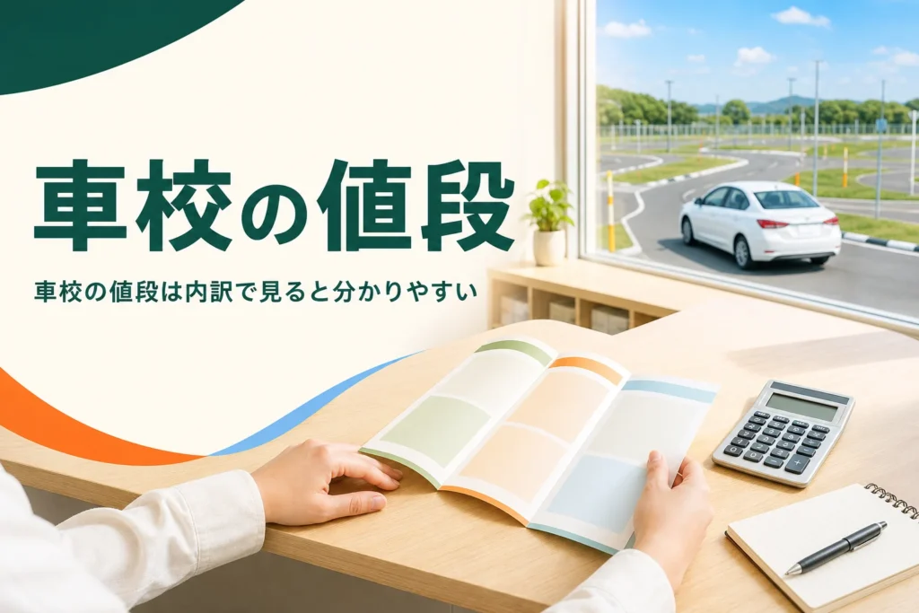 車校の値段を料金の内訳と見積もりで確かめる記事のアイキャッチ。受付カウンターのパンフレットと電卓