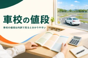 車校の値段を料金の内訳と見積もりで確かめる記事のアイキャッチ。受付カウンターのパンフレットと電卓