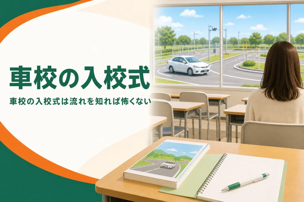車校の入校式で何をするかを紹介する記事のアイキャッチ。学科教室の机とテキスト