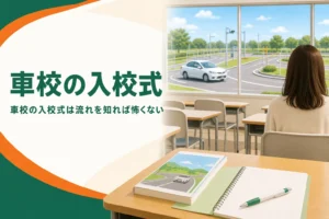 車校の入校式で何をするかを紹介する記事のアイキャッチ。学科教室の机とテキスト