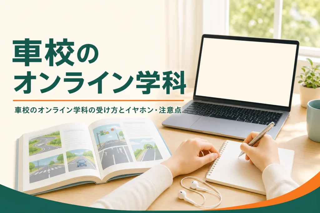 車校のオンライン学科の受け方と注意点を紹介する記事のアイキャッチ。自宅の机に置かれたパソコンと教本