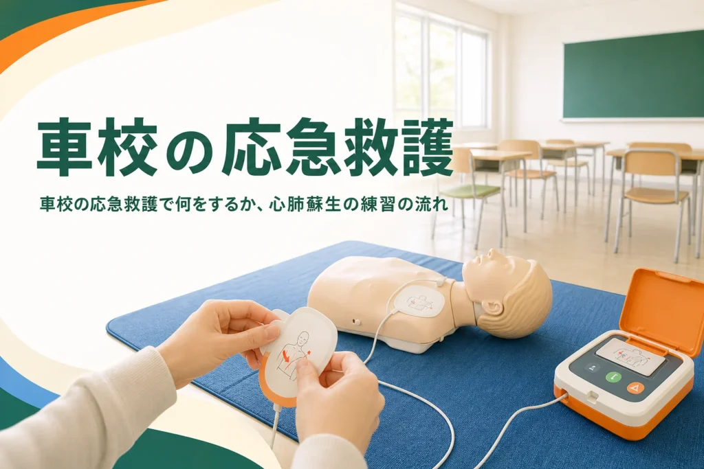 車校の応急救護で使う練習用の人形とAEDが教室に置かれた様子のアイキャッチ