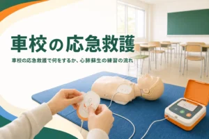 車校の応急救護で使う練習用の人形とAEDが教室に置かれた様子のアイキャッチ