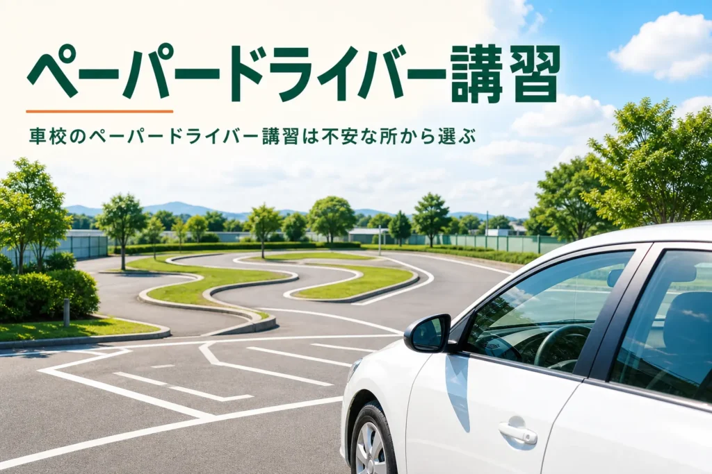 車校のペーパードライバー講習の内容と申し込み方を紹介する記事のアイキャッチ。晴れた日の車校のコースと教習車