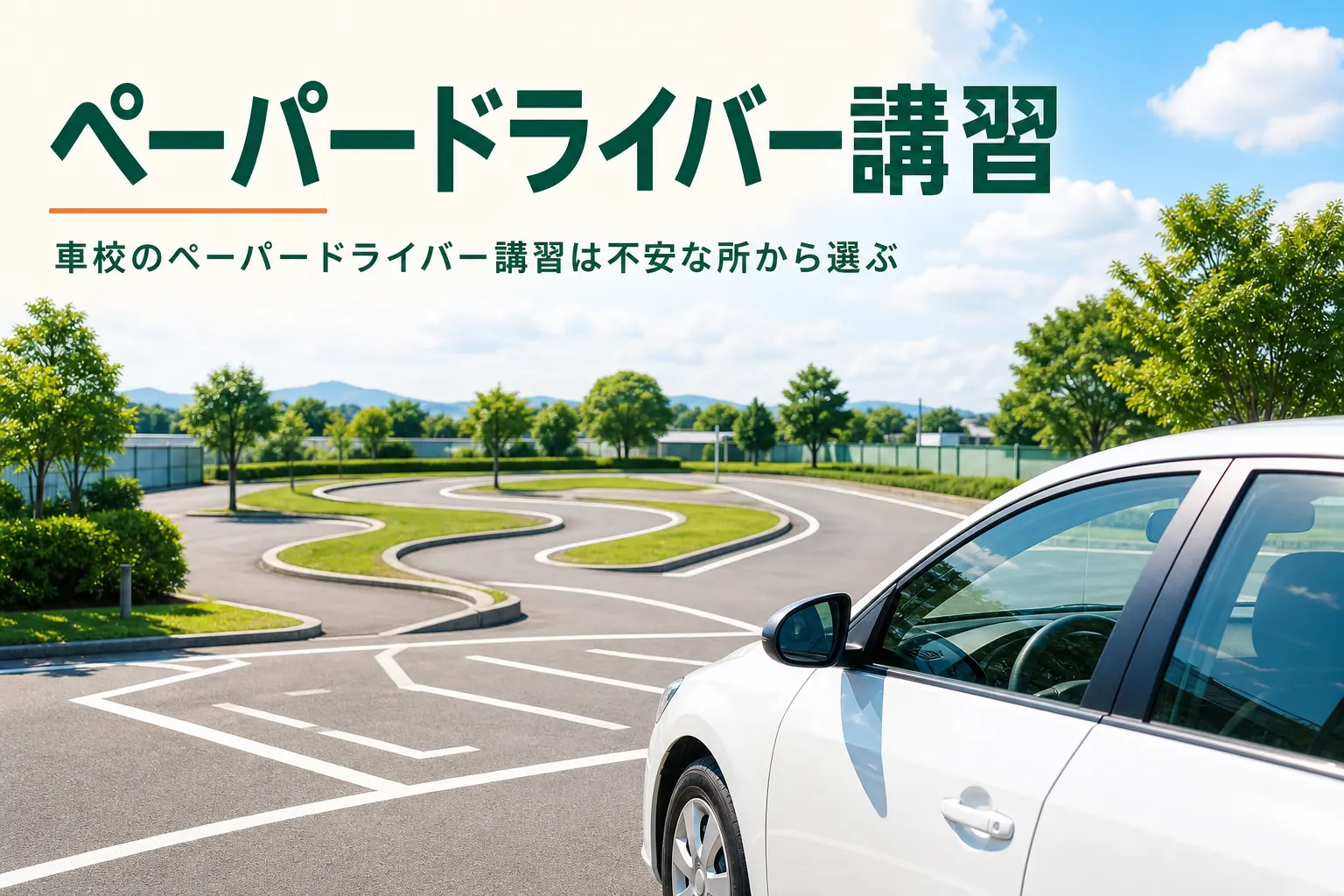 車校のペーパードライバー講習の内容と申し込み方を紹介する記事のアイキャッチ。晴れた日の車校のコースと教習車