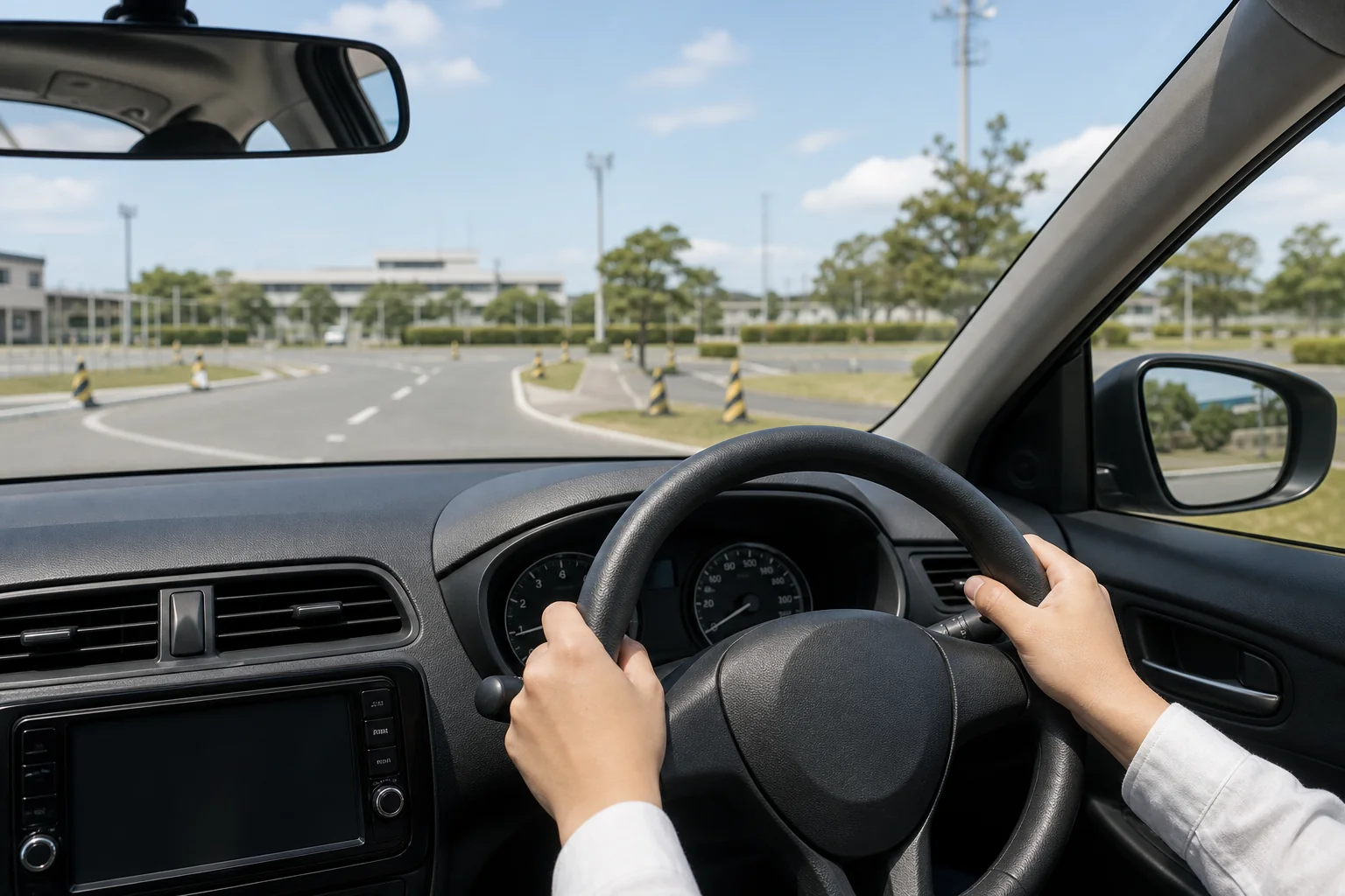 車校のコースで、教習車の運転席からハンドルを握る手元の写真