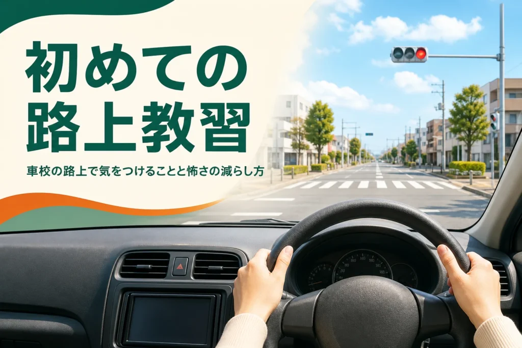 車校の路上教習で初めての路上に気をつけることを紹介する記事のアイキャッチ。教習車の運転席から見た一般道路