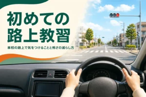 車校の路上教習で初めての路上に気をつけることを紹介する記事のアイキャッチ。教習車の運転席から見た一般道路
