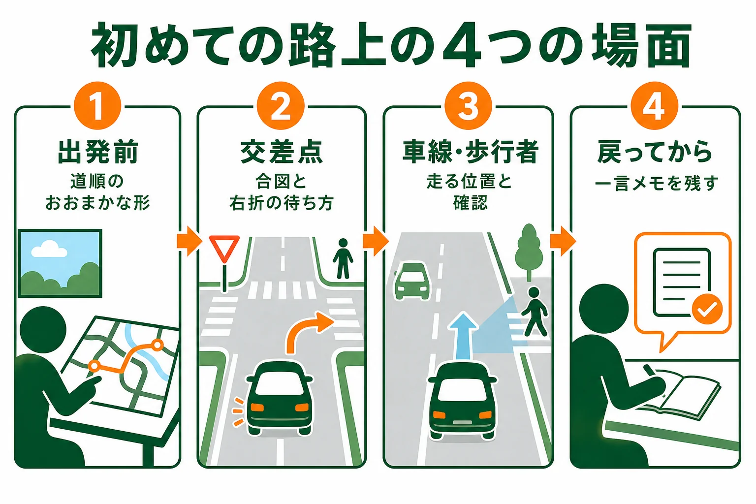 初めての路上を出発前・交差点・車線と歩行者・戻ってからの4つの場面に分けた図解