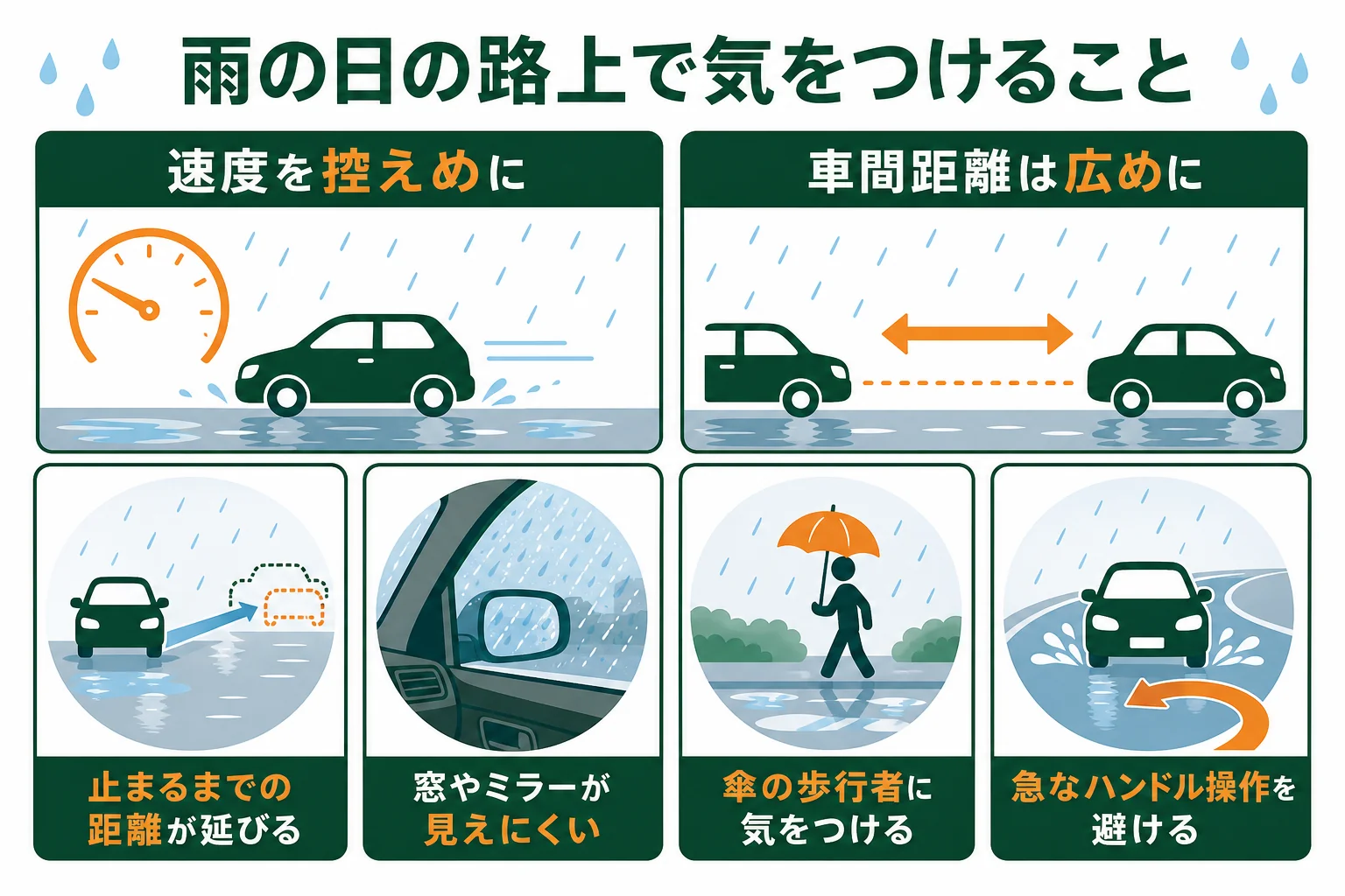 雨の日の路上教習で気をつけることを、止まる距離・見えにくさ・歩行者・滑りやすい路面の4つにまとめた図解