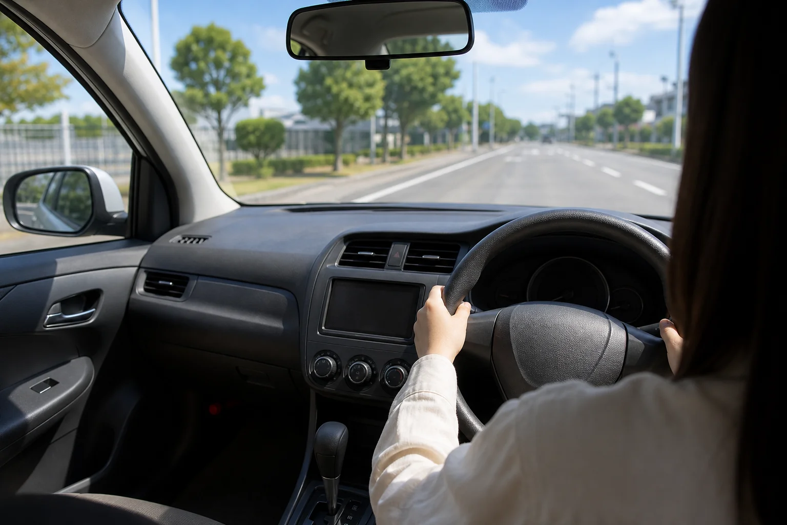 教習車の運転席から左のサイドミラーと左後ろを確かめる手元の写真