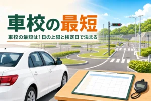 車校を最短何日で卒業できるかを、1日の技能の上限と検定日から説明する記事のアイキャッチ。自動車学校のコースと日程表