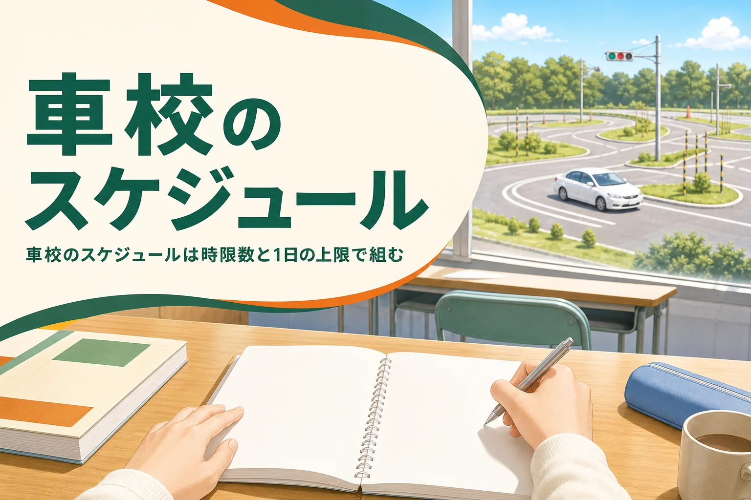車校のスケジュールの組み方と、週何回・1日何時間通うかを説明する記事のアイキャッチ。手帳に予定を書く手元