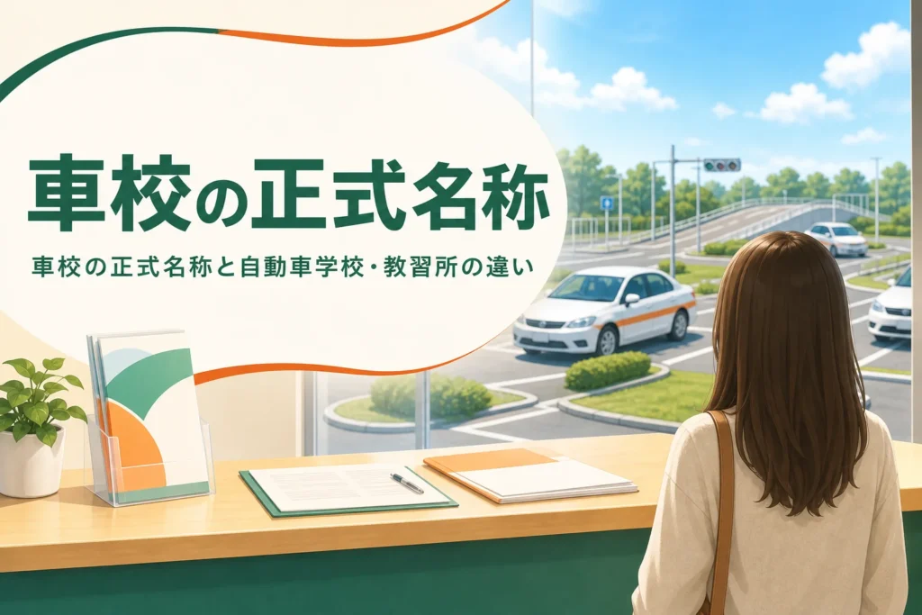 車校の正式名称と、自動車学校・教習所の違いを紹介する記事のアイキャッチ。自動車学校の受付カウンター