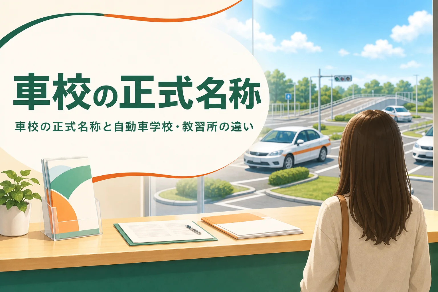 車校の正式名称と、自動車学校・教習所の違いを紹介する記事のアイキャッチ。自動車学校の受付カウンター