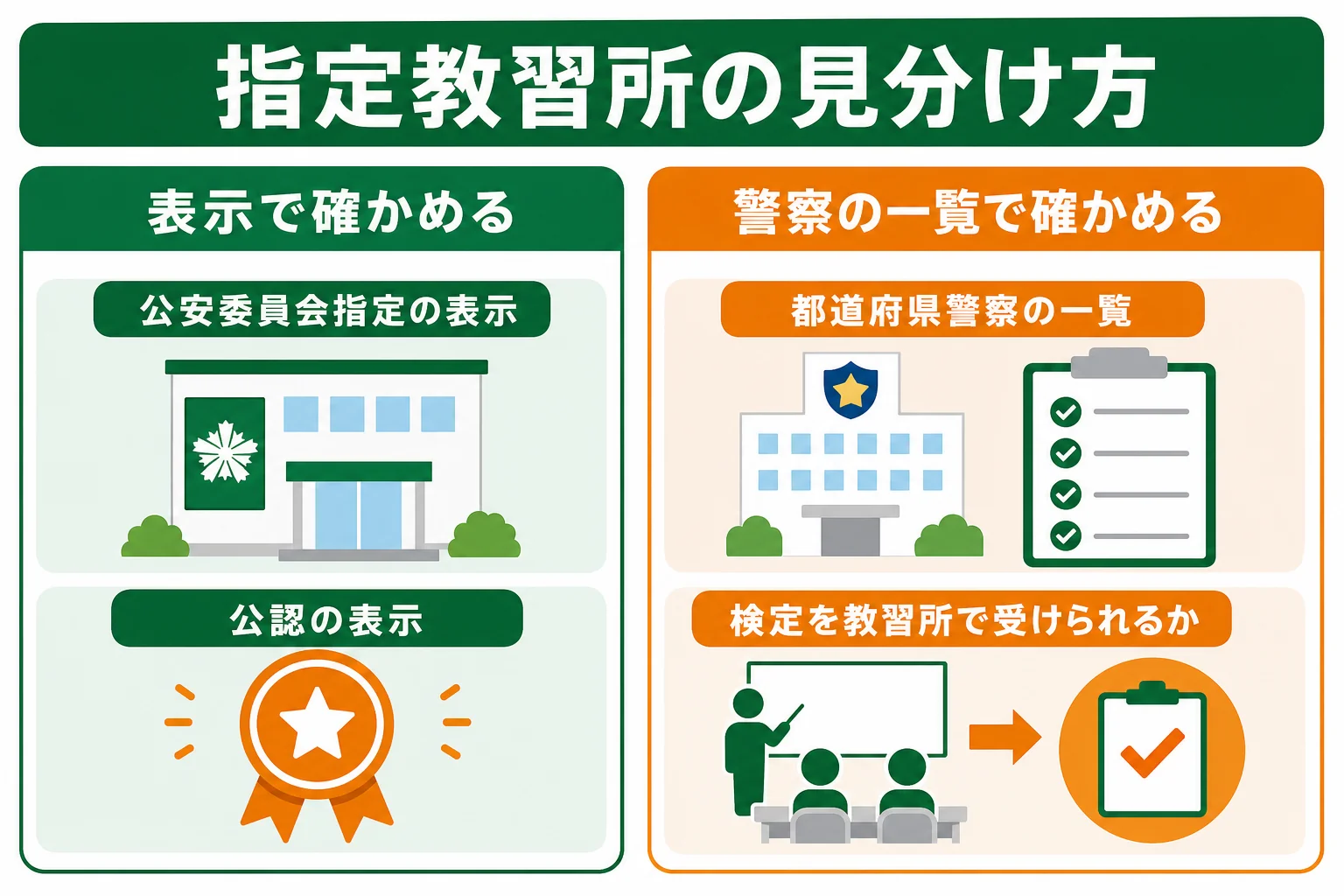 指定自動車教習所かどうかを確かめる時に見る表示や一覧を並べた図解