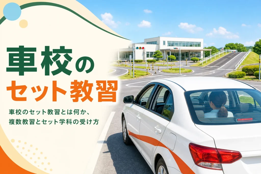 車校のセット教習と複数教習の受け方を紹介する記事のアイキャッチ。路上に止まった教習車
