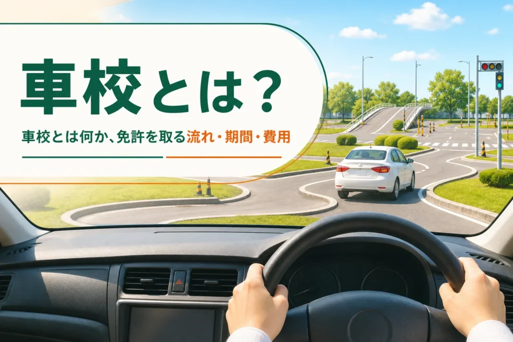 車校とは何か、自動車学校で免許を取る流れ・期間・費用の全体像を紹介する記事のアイキャッチ。自動車学校の場内コース