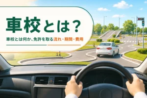 車校とは何か、自動車学校で免許を取る流れ・期間・費用の全体像を紹介する記事のアイキャッチ。自動車学校の場内コース