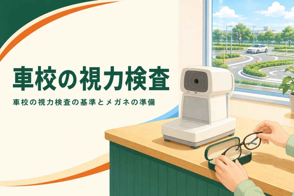 車校の視力検査の基準とメガネ・コンタクトの準備を紹介する記事のアイキャッチ。自動車学校の受付と視力検査の機械