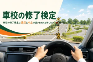 車校の修了検定で走る場内コースを、教習車の運転席から見たアイキャッチ