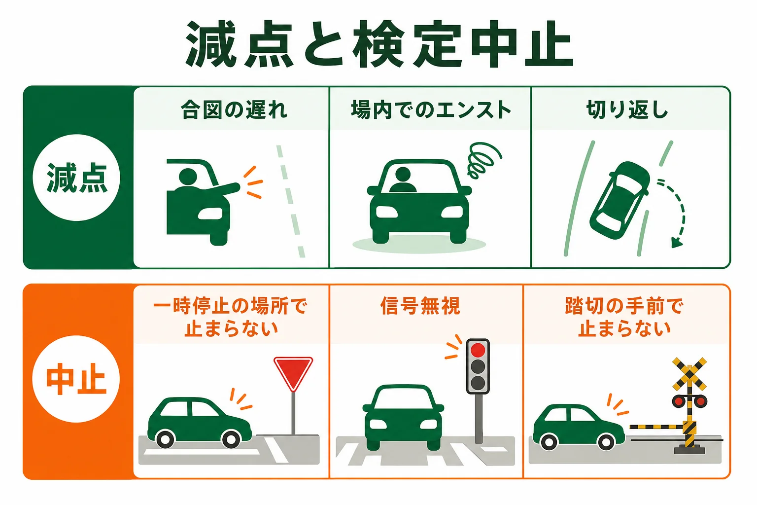 修了検定のミスを減点で済むものと検定中止になるものに分けて並べた図解