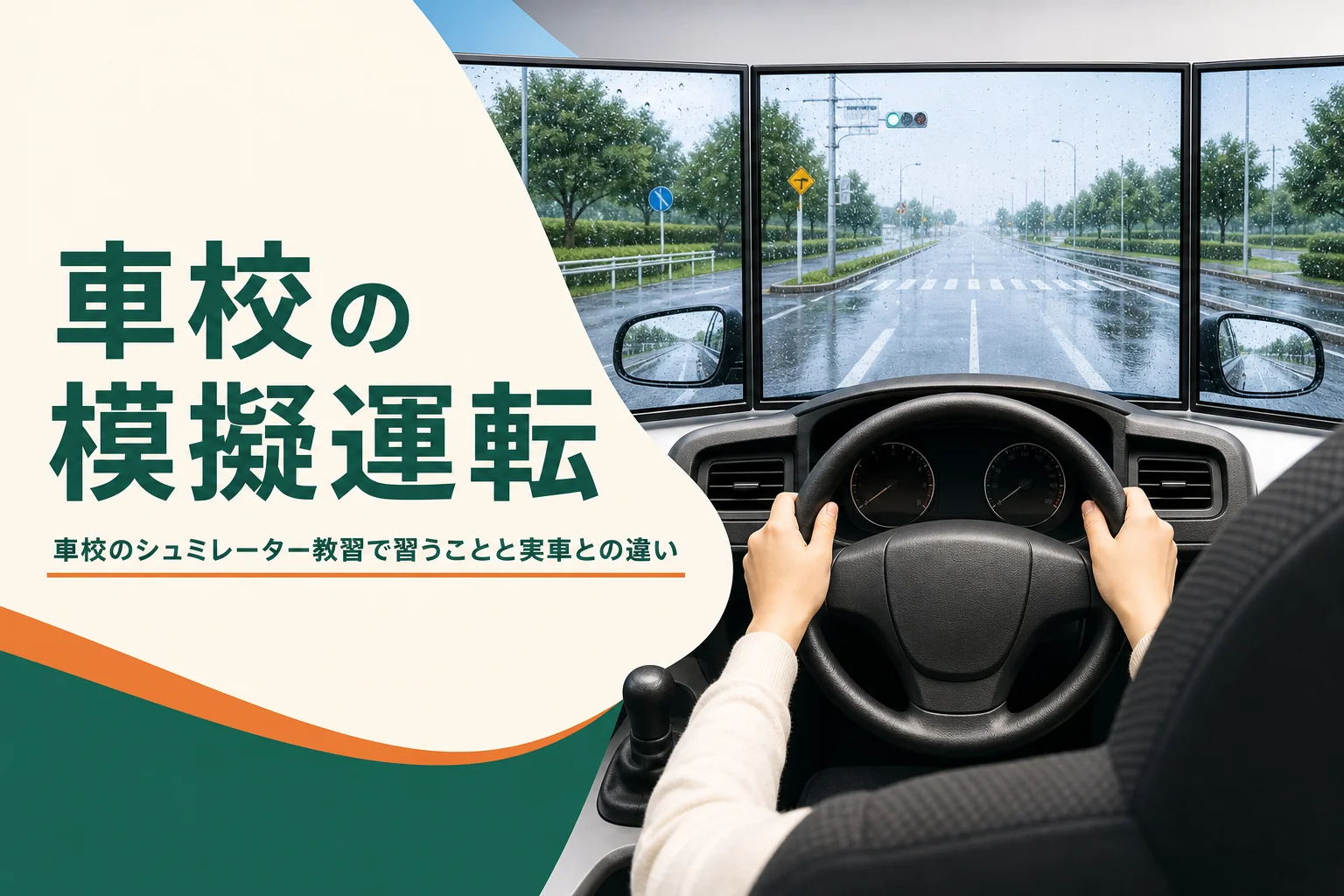 車校のシミュレーター教習で使う運転席そっくりの装置と画面のアイキャッチ