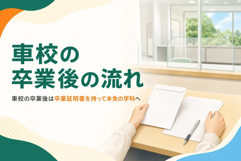 車校の卒業後に卒業証明書を持って本免試験を受ける流れを紹介する記事のアイキャッチ。受付カウンターの封筒と書類