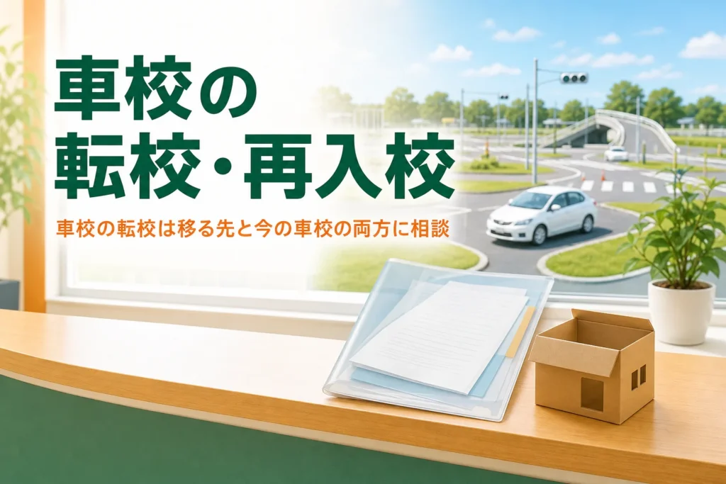 車校の転校・再入校の流れを紹介する記事のアイキャッチ。車校の受付カウンターと書類