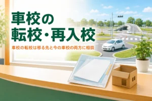 車校の転校・再入校の流れを紹介する記事のアイキャッチ。車校の受付カウンターと書類