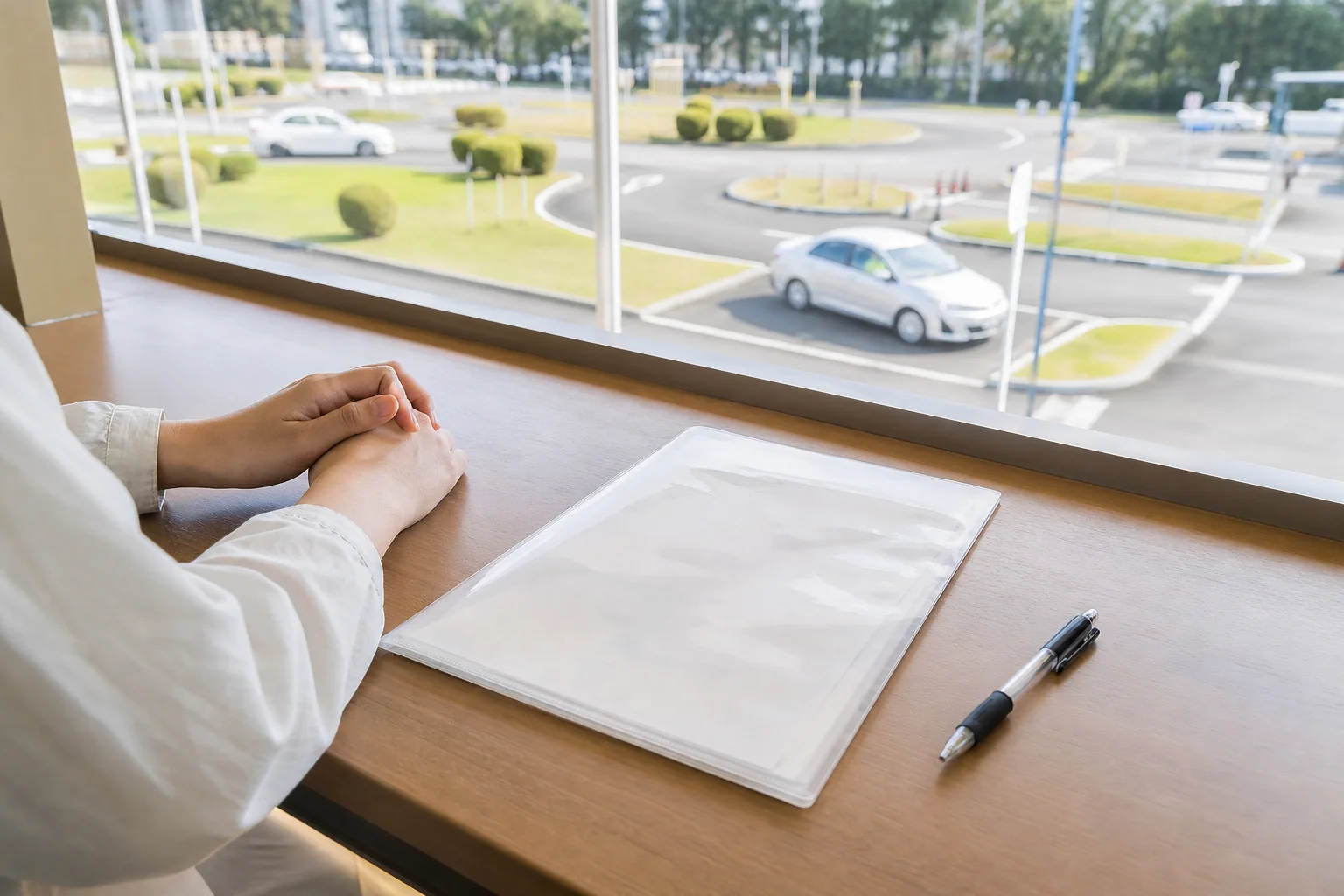 車校の受付で、転校や再入校の手続きについて書類を見ながら相談する場面の写真