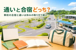 車校の通いと合宿のどちらがいいかを、期間・予定・費用・向く人で比べる記事のアイキャッチ