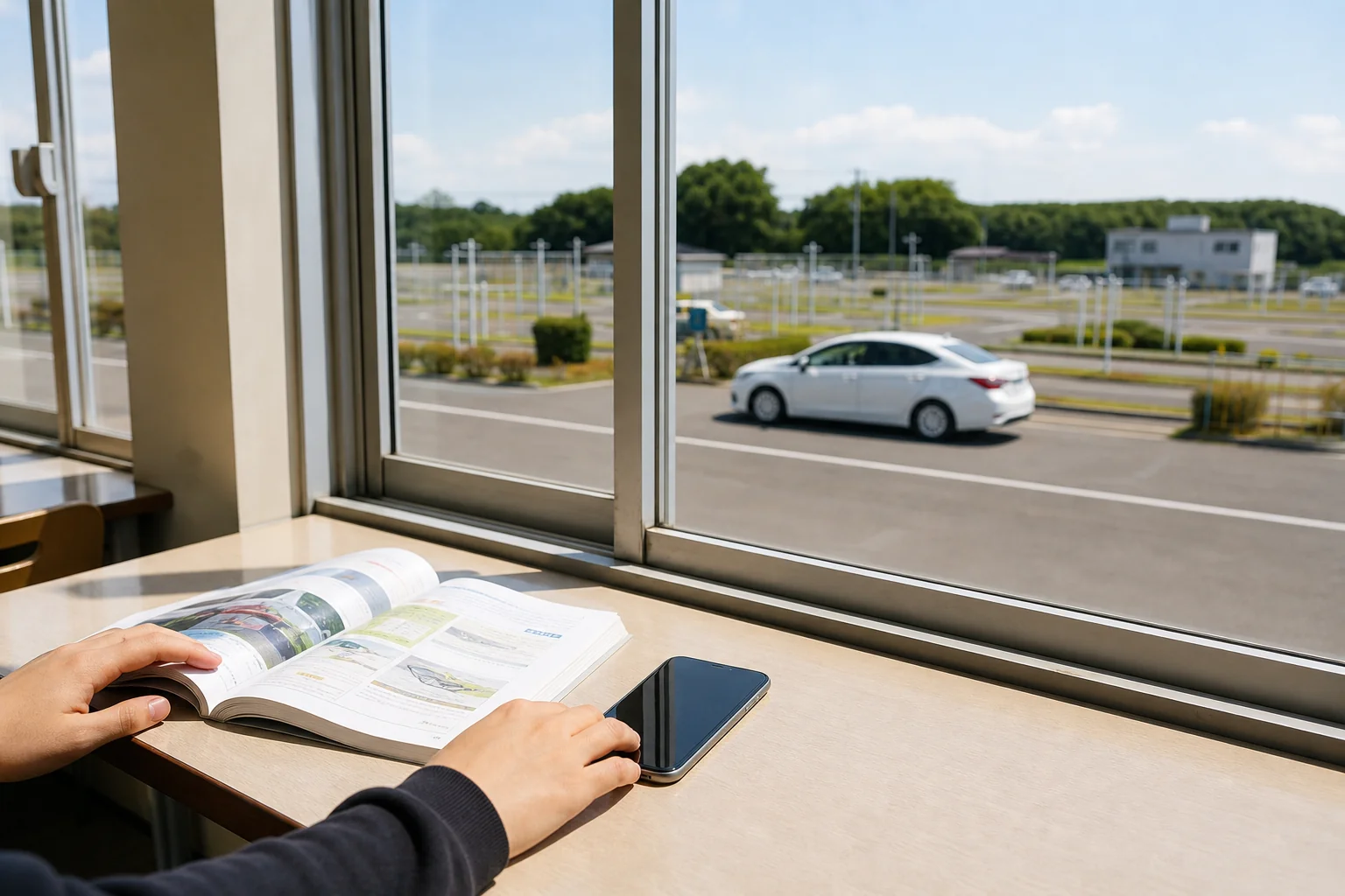 車校の待合スペースで、空きコマを探しながら教本で学科の見直しをしている様子